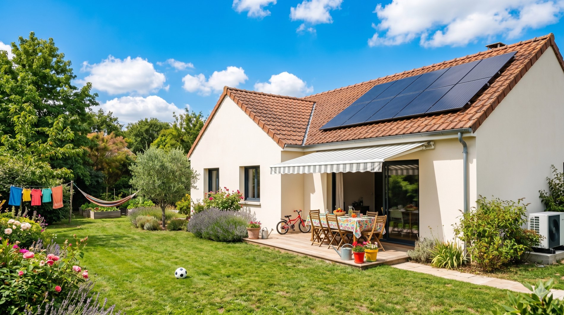Maison rénovée avec panneaux solaires et pompe à chaleur, jardin ensoleillé