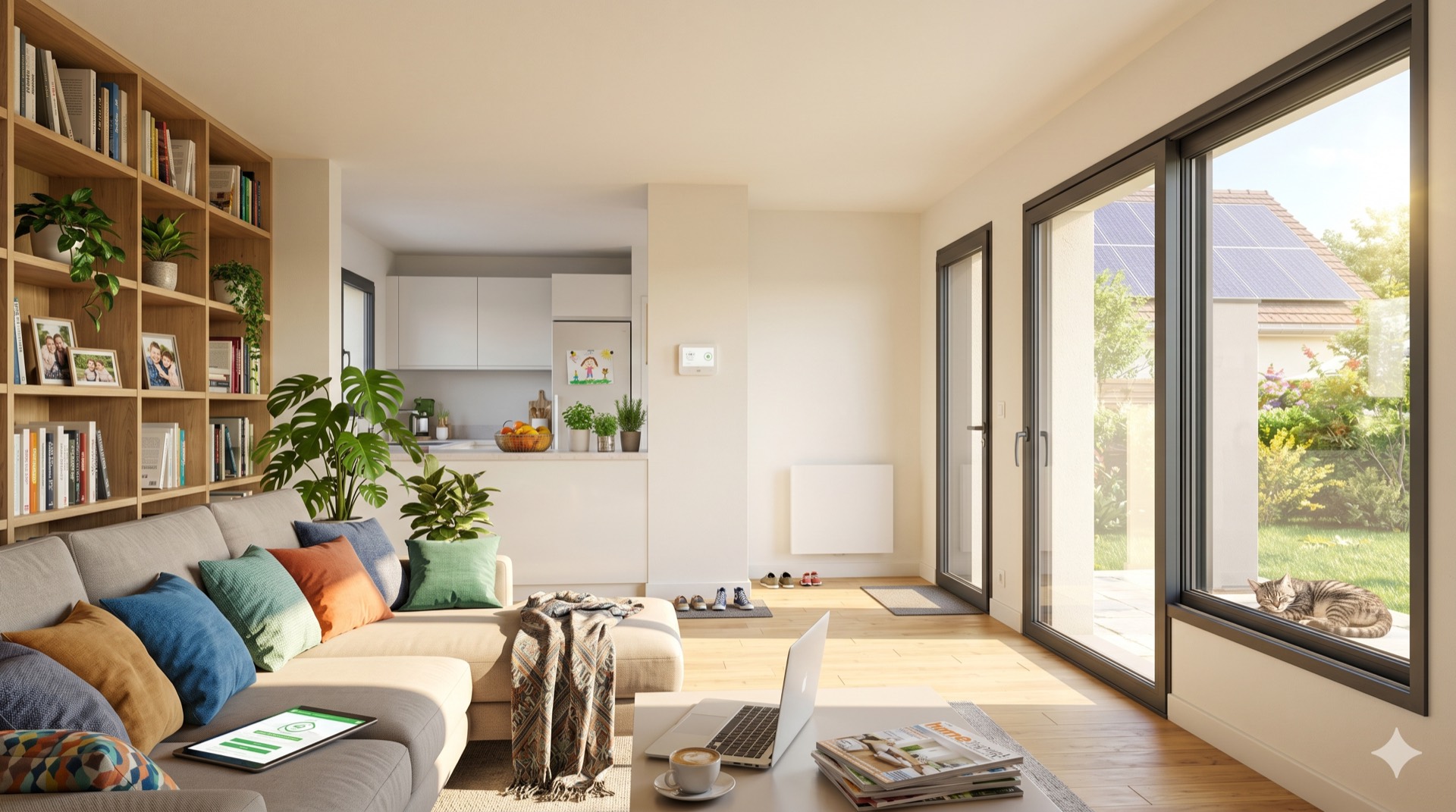 Salon lumineux d'une maison rénovée, baie vitrée donnant sur un jardin et des panneaux solaires